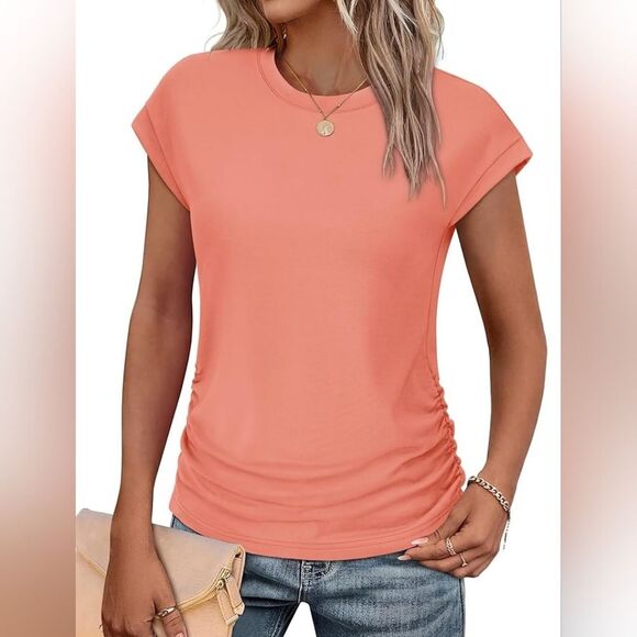 NEW Coral Pink Ruched T-shirt Top Lightweight Basic Neutral Salmon Peach Medium - Picture 2 of 5